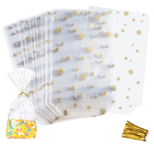 Customized 100pcs Christmas Transparent Bags Stars Gold Clear 18x30cm Food Gift Plastic Candy OPP Block Bags With 100Pcs Twist Ties for Snack