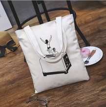 Fashion Lady White Black Stick Figure Shopping Cotton Canvas Tote Bag