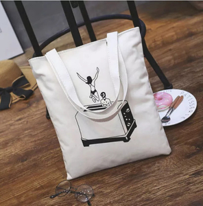 Fashion Lady White Black Stick Figure Shopping Cotton Canvas Tote Bag